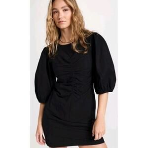 New Free Womens Small HOPE Mini DRESS Black Gathered Ruched‎ Puff Sleeve Cotton